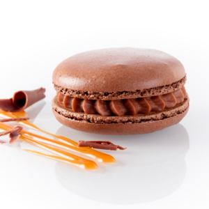 Chocolate macaron with a salted butter caramel melting centre